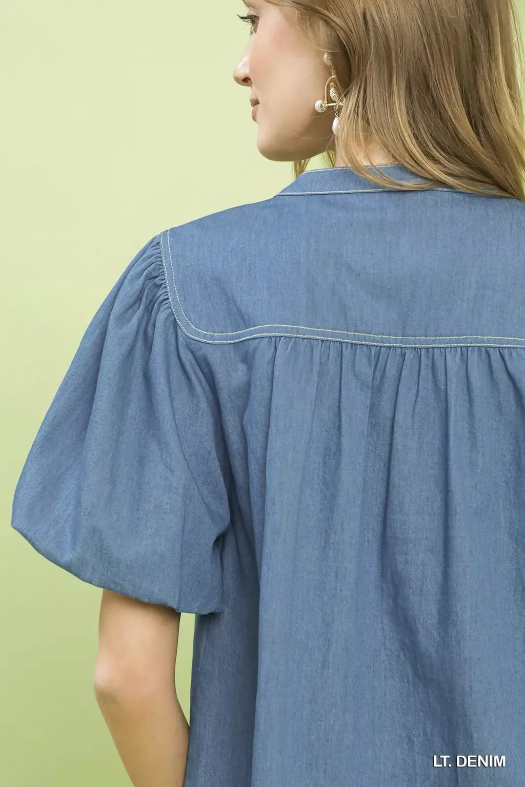 Umgee Denim Button Front Puff Sleeve Boho Blouse view 4 (top) - umgee denim shirt, umgee denim top, jea - shop at us.meeeshop