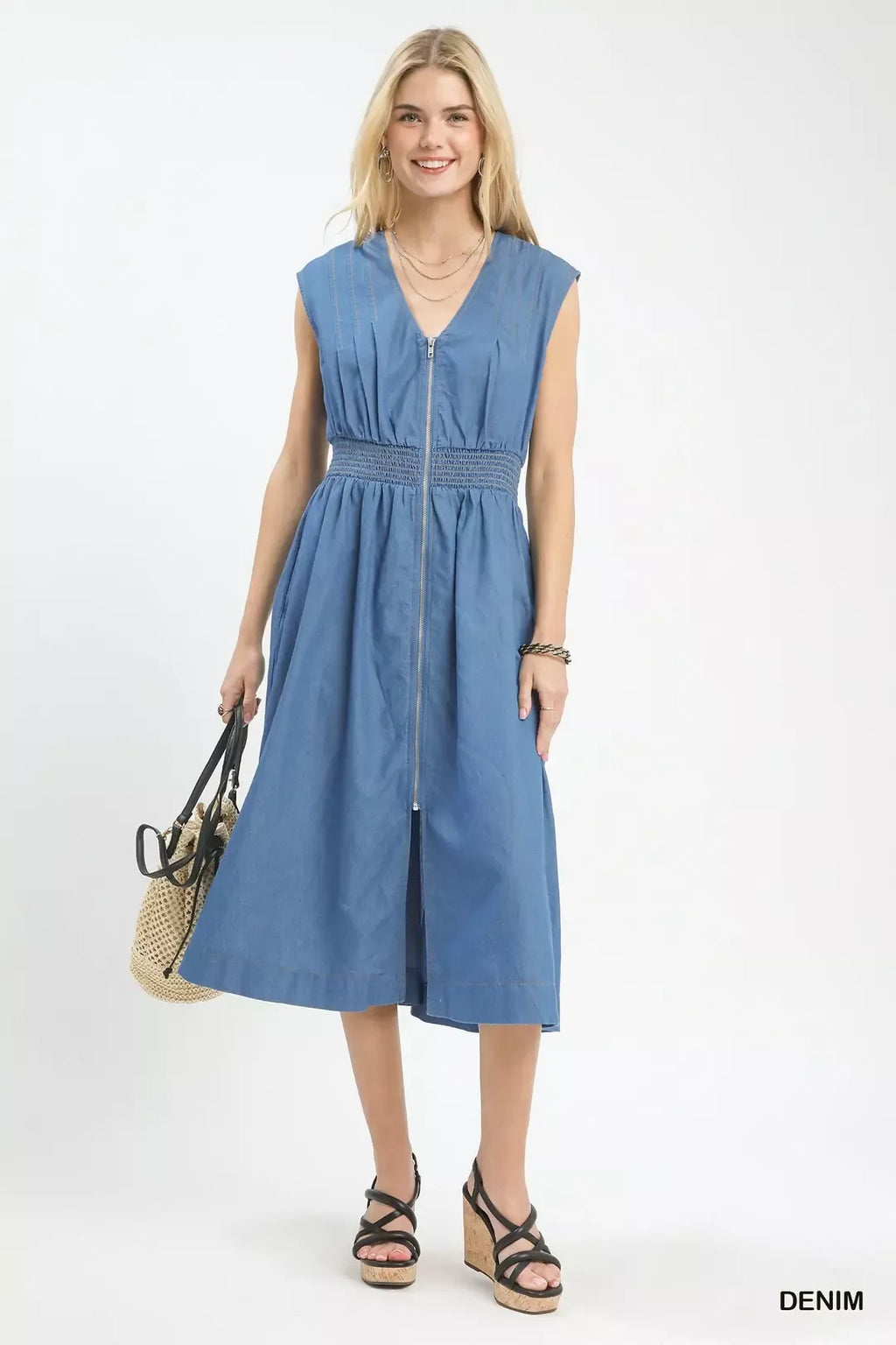 umgee denim sleeveless Umgee Denim Sleeveless Zip-front Smocked Waist Midi Dress view 4 (dress) - shop at us.meeeshop