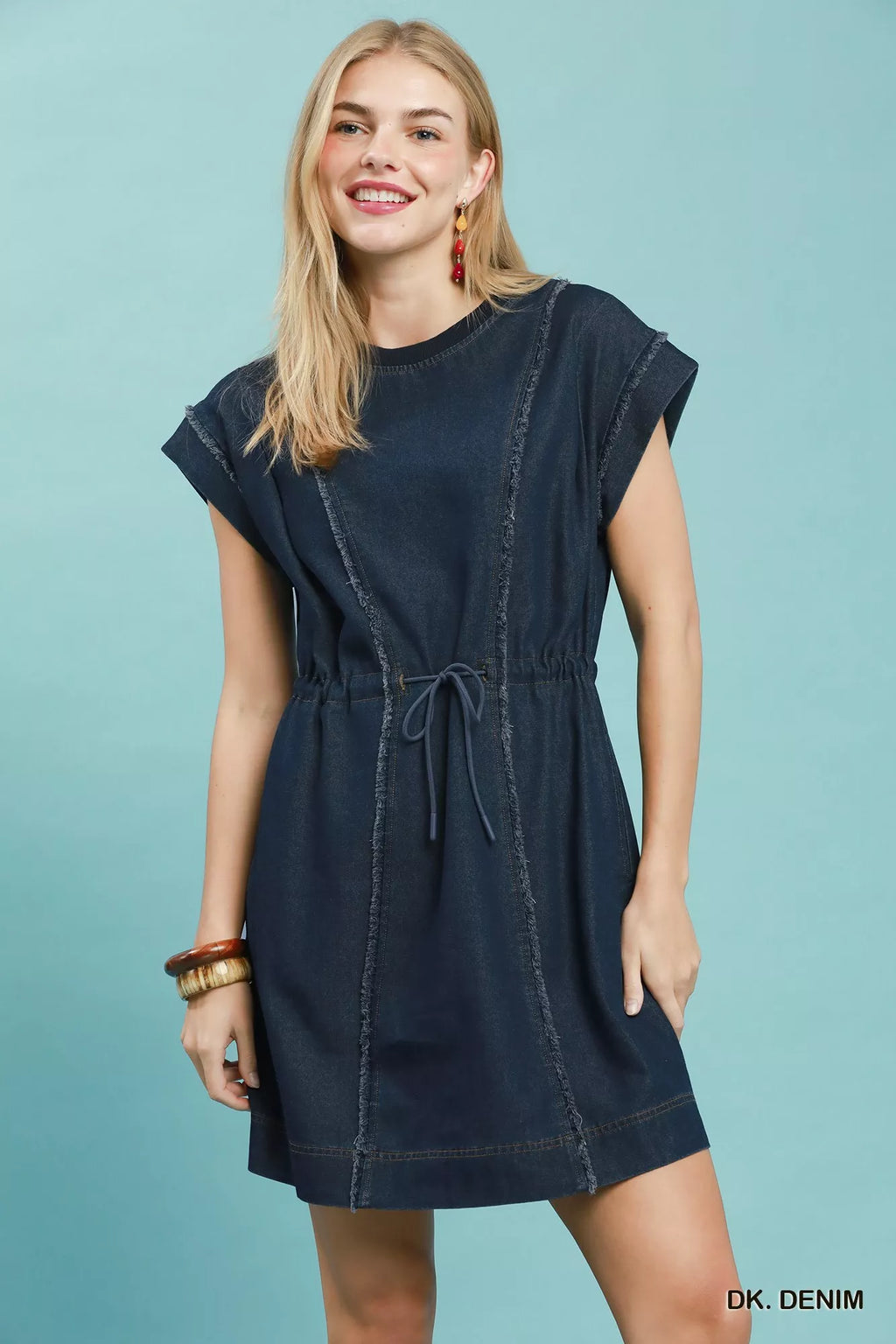 Umgee Drawstring Waist Frayed Denim Mini Dress DK. DENIM (dress) - umgee dress with pockets, umgee dres - shop at us.meeeshop
