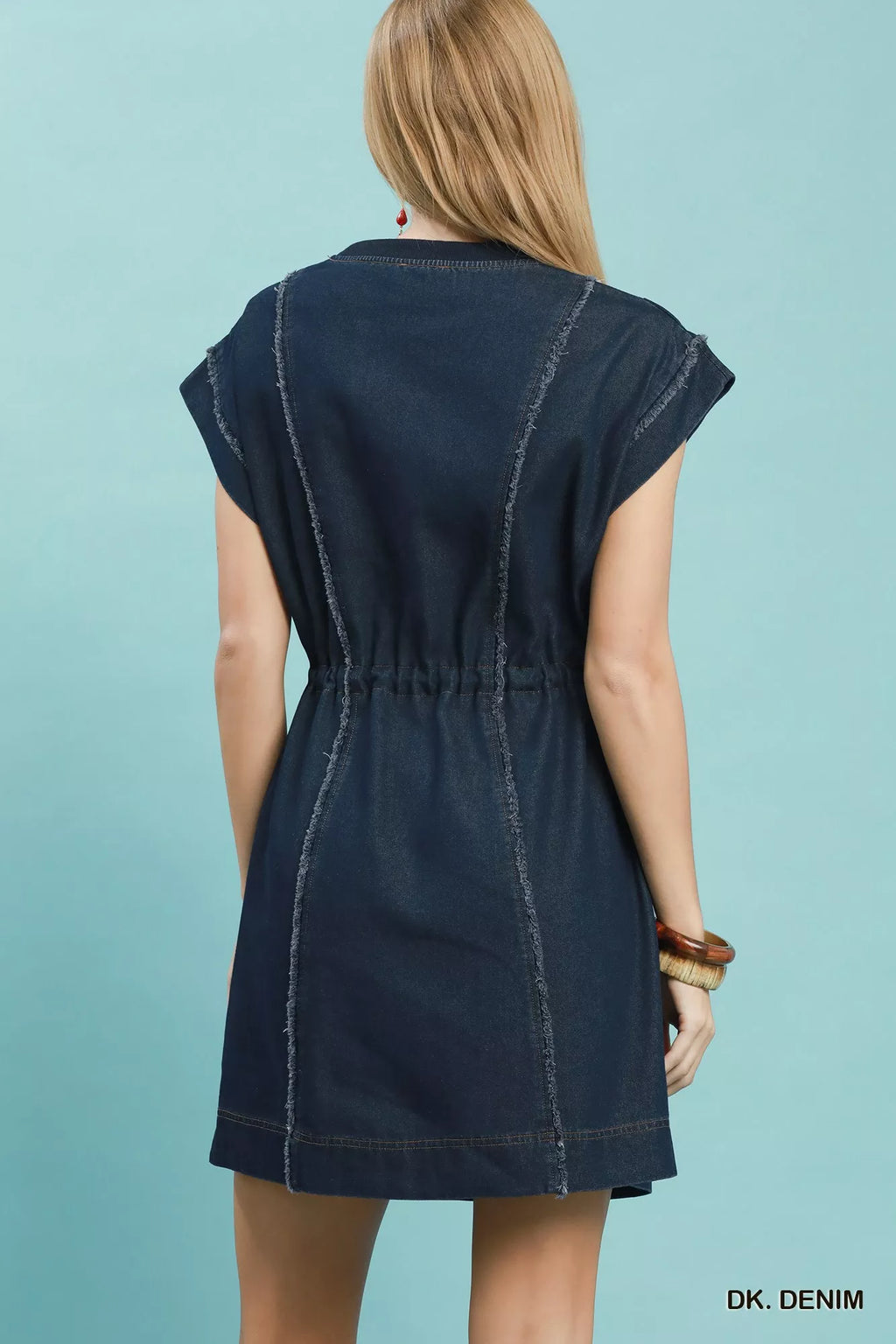 Umgee Drawstring Waist Frayed Denim Mini Dress DK. DENIM view 3 (dress) - umgee dress with pockets, umg - shop at us.meeeshop