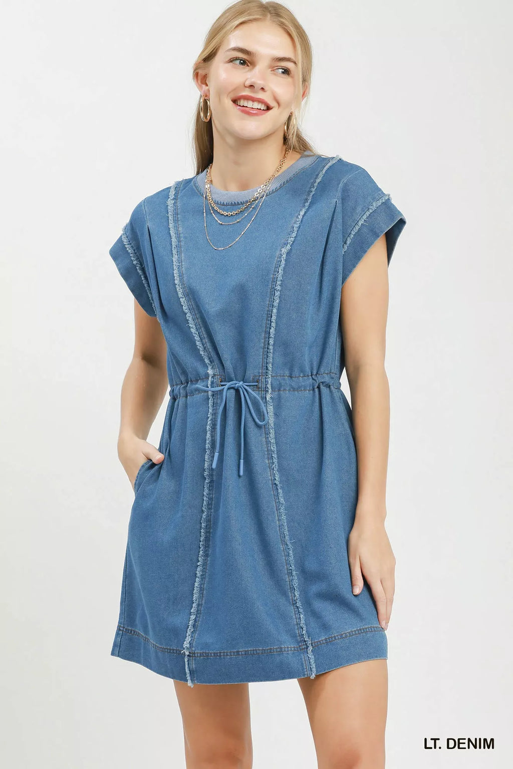 Umgee Drawstring Waist Frayed Denim Mini Dress LT. DENIM (dress) - umgee dress with pockets, umgee dres - shop at us.meeeshop
