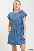 Umgee Drawstring Waist Frayed Denim Mini Dress LT. DENIM (dress) - umgee dress with pockets, umgee dres - shop at us.meeeshop