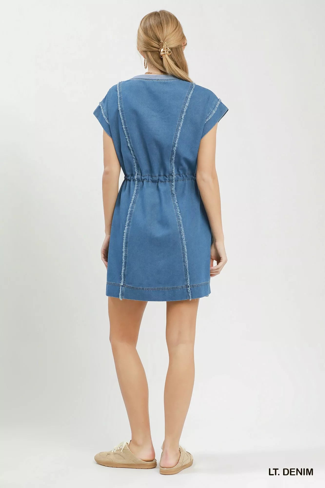 Umgee Drawstring Waist Frayed Denim Mini Dress LT. DENIM view 3 (dress) - umgee dress with pockets, umg - shop at us.meeeshop