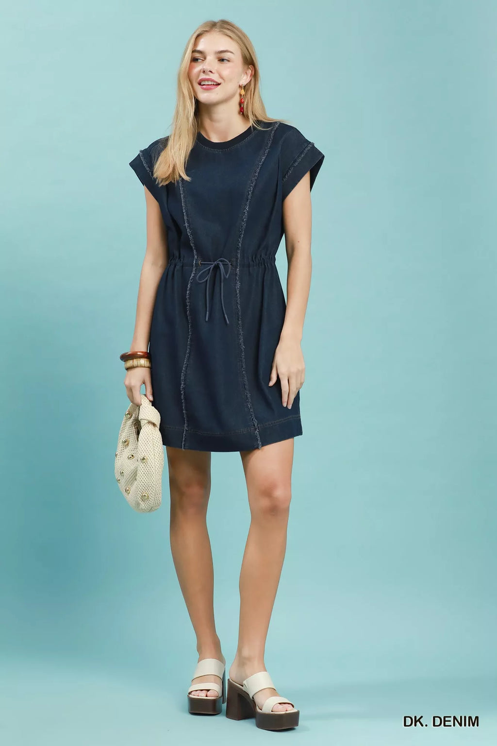Umgee Drawstring Waist Frayed Denim Mini Dress view 4 (dress) - umgee dress with pockets, umgee dress p - shop at us.meeeshop