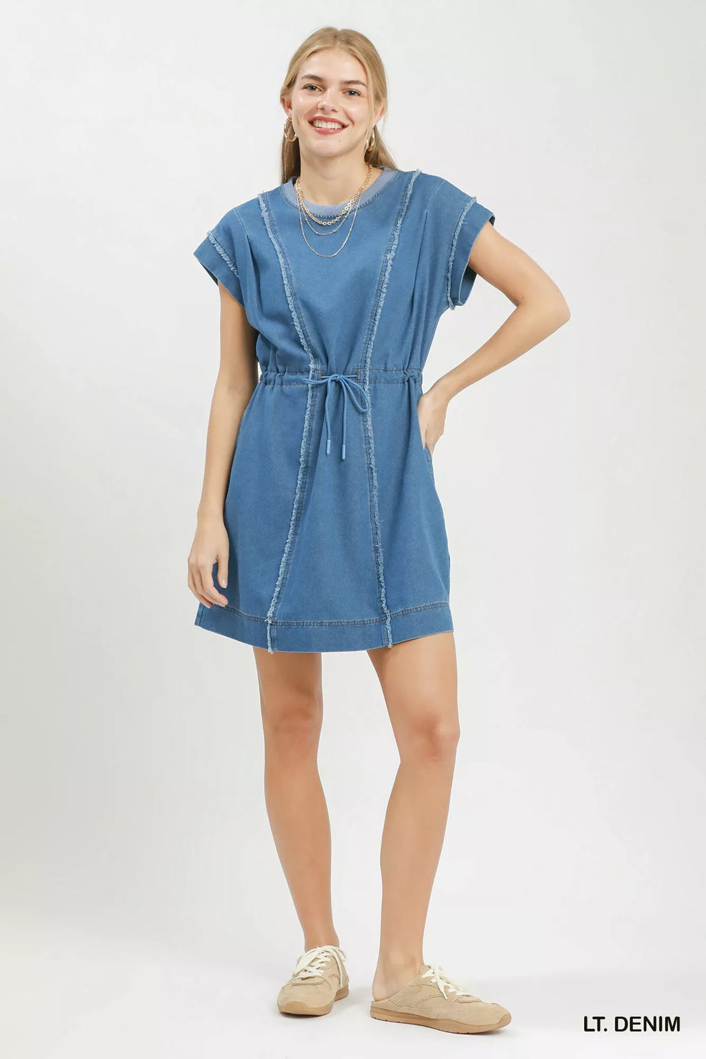 Umgee Drawstring Waist Frayed Denim Mini Dress view 4 (dress) - umgee dress with pockets, umgee dress p - shop at us.meeeshop