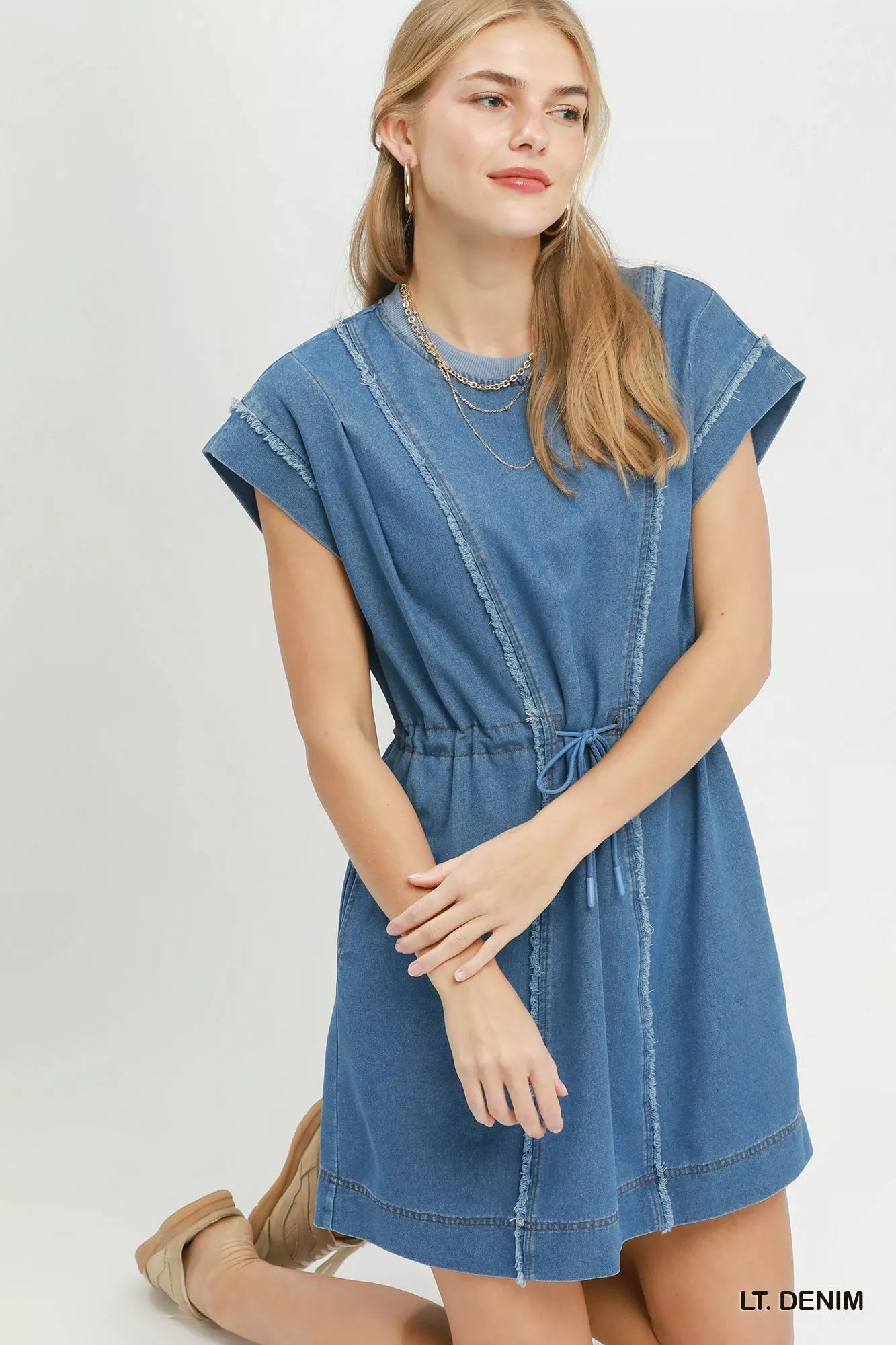 Umgee Drawstring Waist Frayed Denim Mini Dress view 5 (dress) - umgee dress with pockets, umgee dress p - shop at us.meeeshop