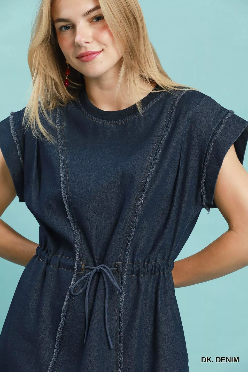 Umgee Drawstring Waist Frayed Denim Mini Dress view 6 (dress) - umgee dress with pockets, umgee dress p - shop at us.meeeshop