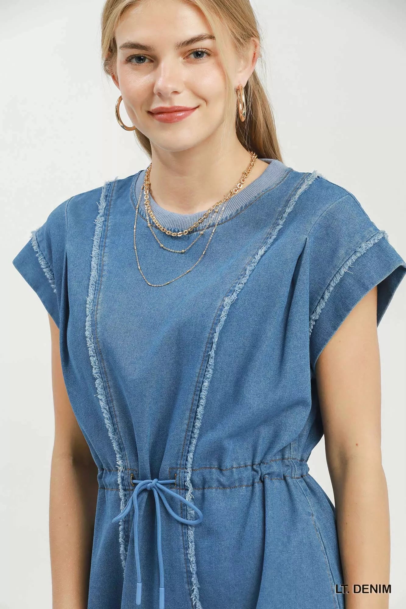 Umgee Drawstring Waist Frayed Denim Mini Dress view 6 (dress) - umgee dress with pockets, umgee dress p - shop at us.meeeshop