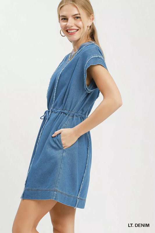 umgee drawstring waist Umgee Drawstring Waist Frayed Denim Mini Dress view 2 (dress) - shop at us.meeeshop