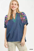 Umgee Embroidered Denim Puff Sleeve Top DENIM (top) - umgee embroidered blouse, umgee embroidered shirt - shop at us.meeeshop