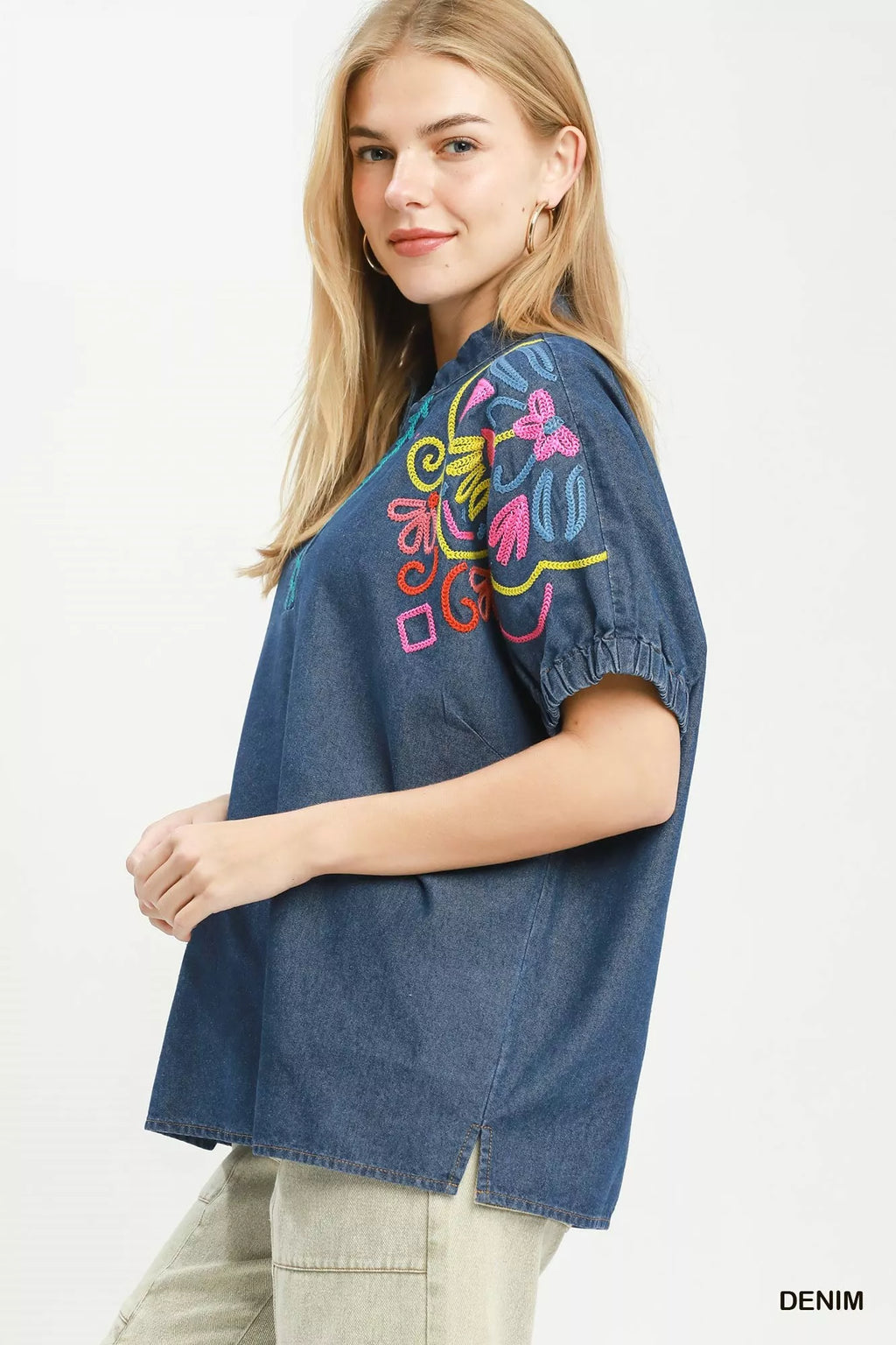 Umgee Embroidered Denim Puff Sleeve Top DENIM view 3 (top) - umgee embroidered blouse, umgee embroidere - shop at us.meeeshop