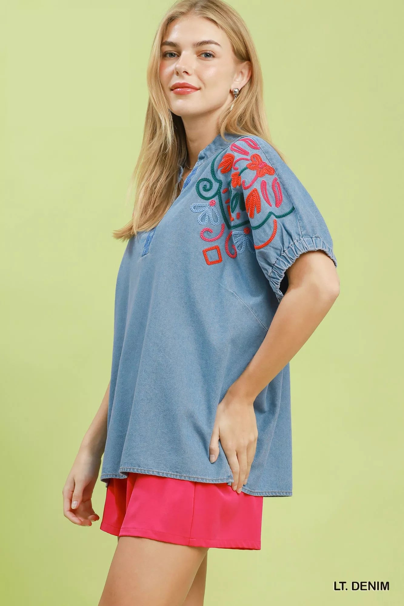 Umgee Embroidered Denim Puff Sleeve Top LT. DENIM view 2 (top) - umgee embroidered blouse, umgee embroi - shop at us.meeeshop