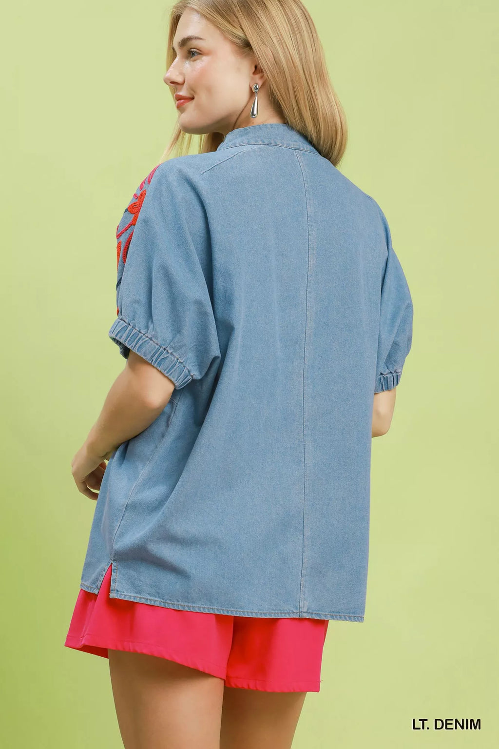 Umgee Embroidered Denim Puff Sleeve Top LT. DENIM view 3 (top) - umgee embroidered blouse, umgee embroi - shop at us.meeeshop