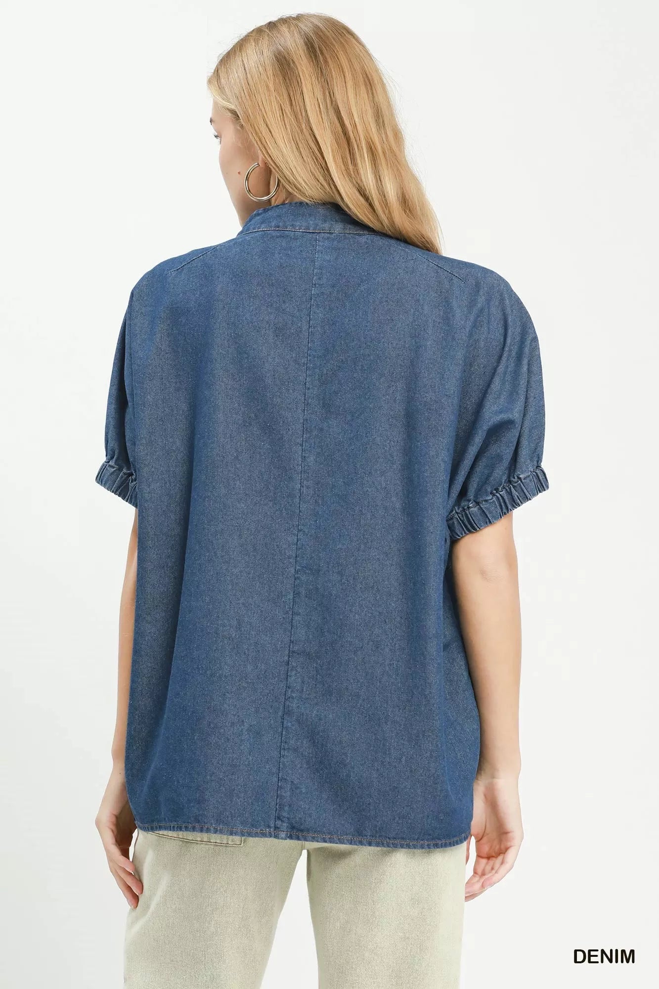 Umgee Embroidered Denim Puff Sleeve Top view 4 (top) - umgee embroidered blouse, umgee embroidered shir - shop at us.meeeshop
