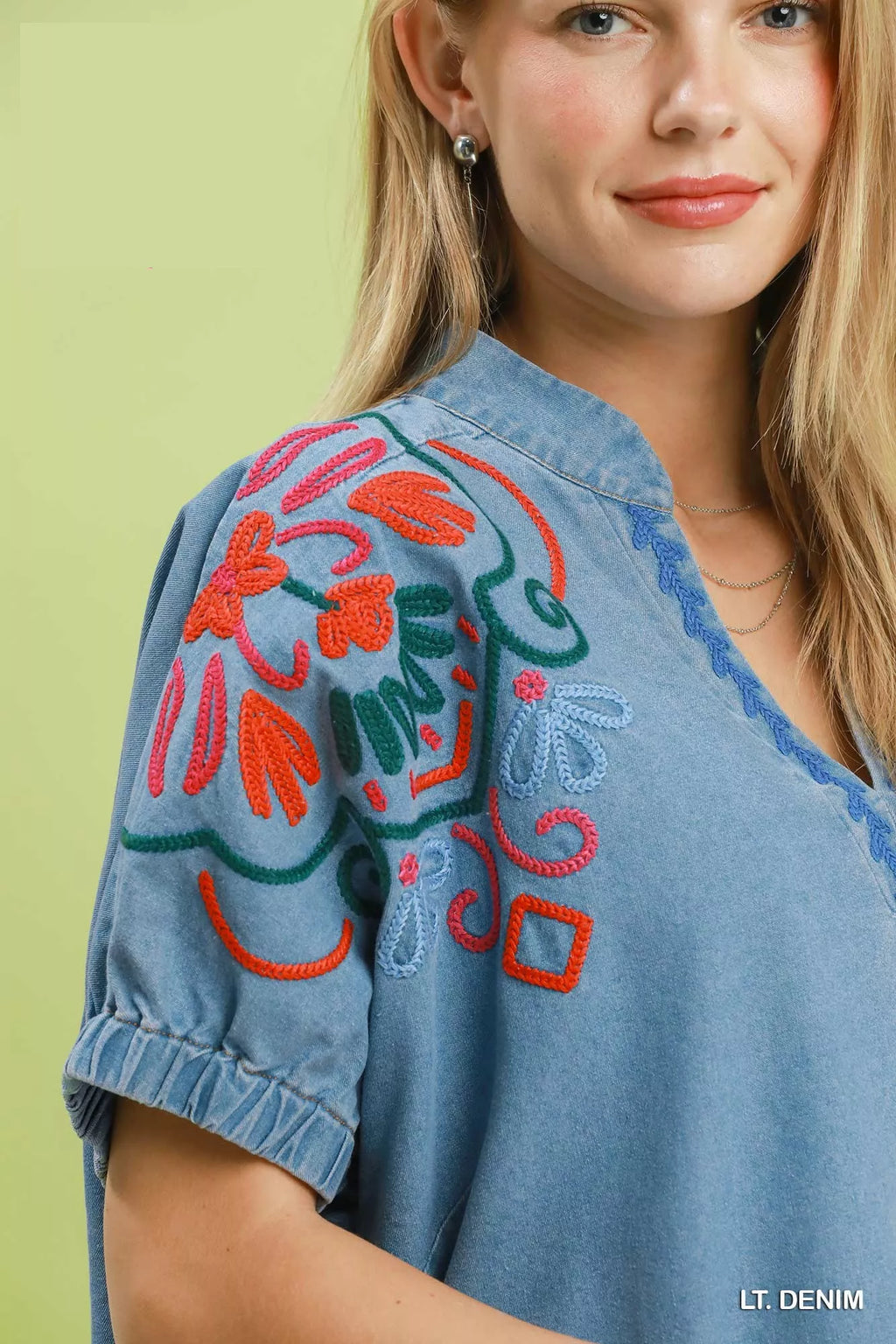 Umgee Embroidered Denim Puff Sleeve Top view 4 (top) - umgee embroidered blouse, umgee embroidered shir - shop at us.meeeshop