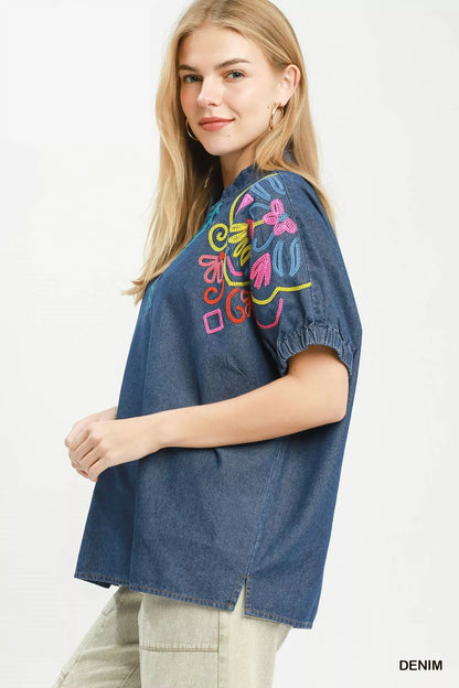 umgee embroidered denim Umgee Embroidered Denim Puff Sleeve Top view 3 (top) - shop at us.meeeshop