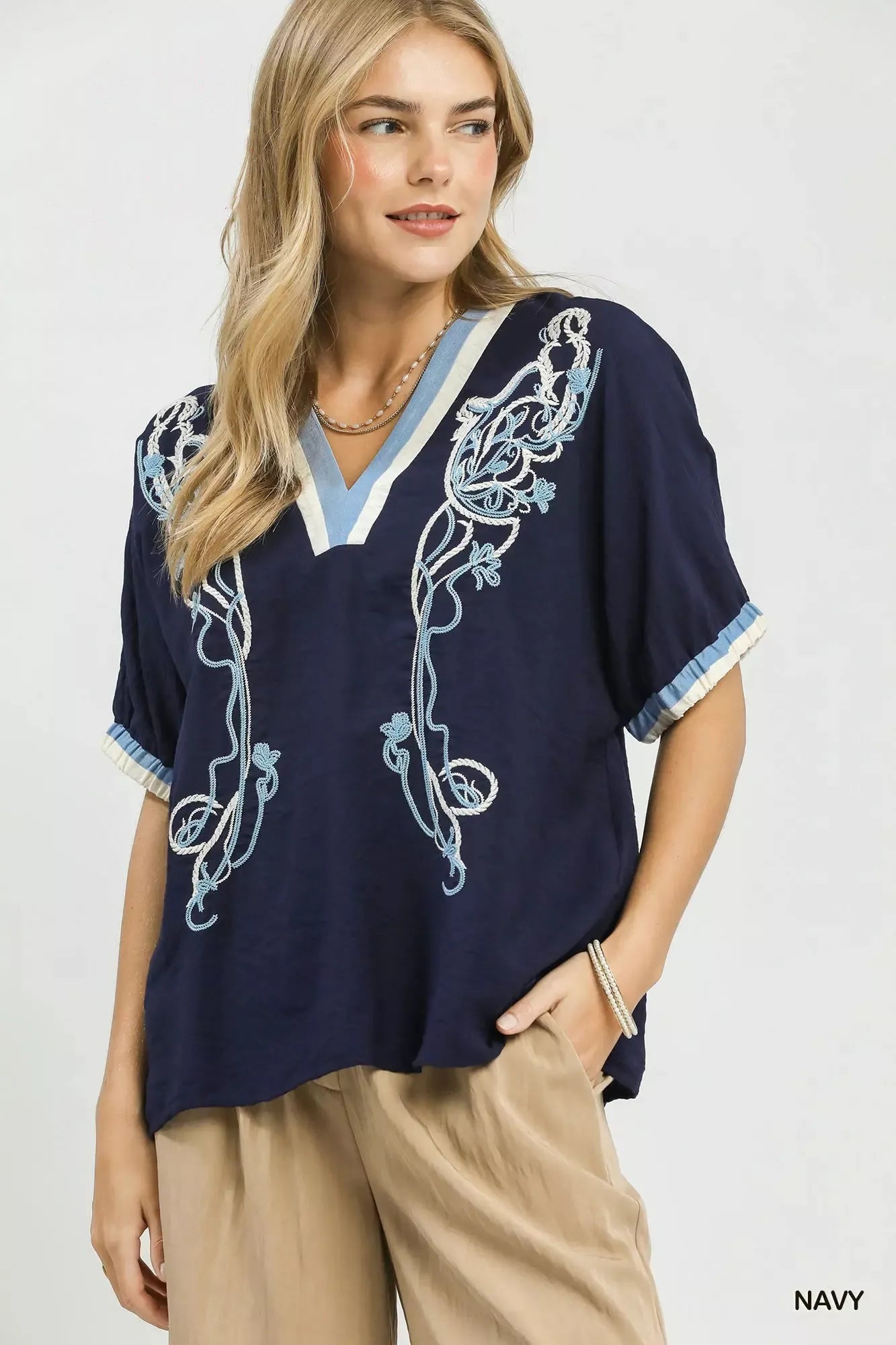 umgee embroidered floral Umgee Embroidered Floral V-neck Short Sleeve Blouse with Contrast Trim NAVY (top) - shop at us.meees