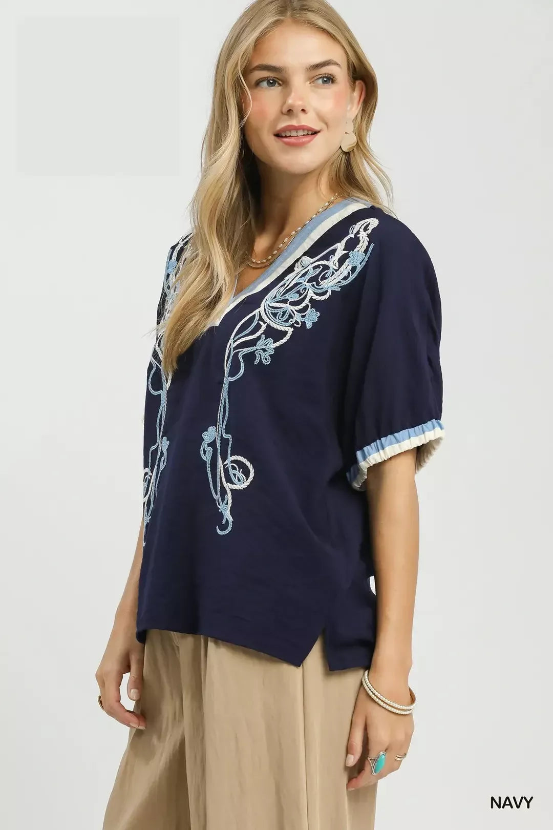 umgee embroidered floral Umgee Embroidered Floral V-neck Short Sleeve Blouse with Contrast Trim view 3 (top) - shop at us.mee