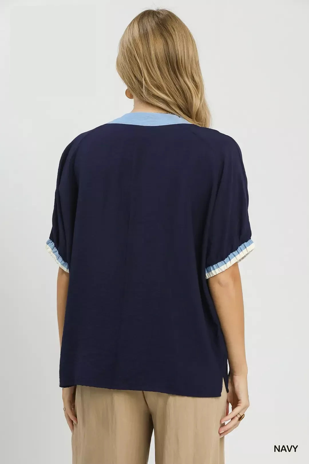 umgee embroidered floral Umgee Embroidered Floral V-neck Short Sleeve Blouse with Contrast Trim view 4 (top) - shop at us.mee