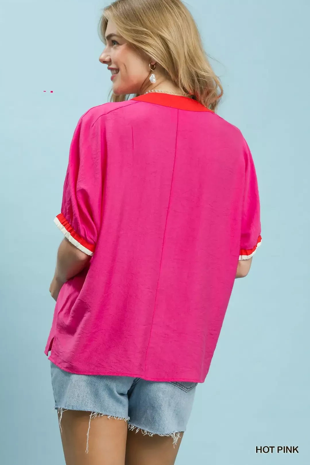 umgee embroidered floral Umgee Embroidered Floral V-neck Short Sleeve Blouse with Contrast Trim view 4 (top) - shop at us.mee