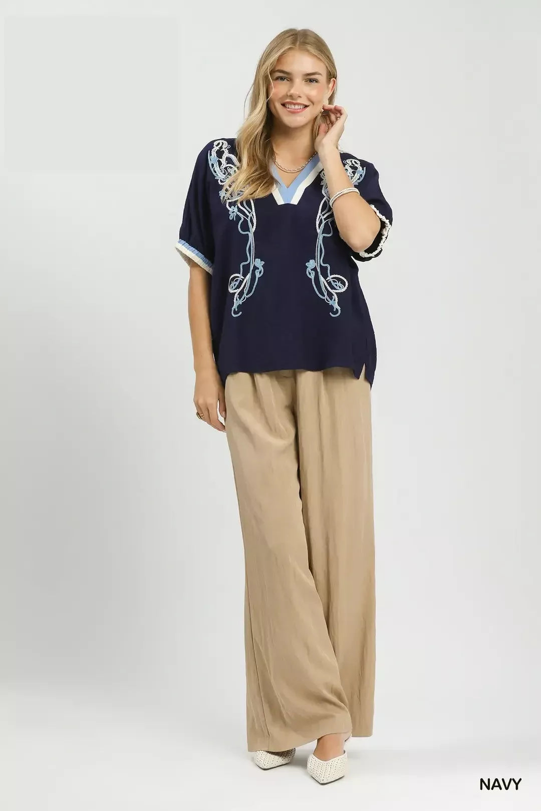 umgee embroidered floral Umgee Embroidered Floral V-neck Short Sleeve Blouse with Contrast Trim view 5 (top) - shop at us.mee