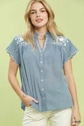Umgee Embroidered Print Scallop Sleeve Button Front Blouse BLUE (top) - umgee embroidered top, umgee em - shop at us.meeeshop