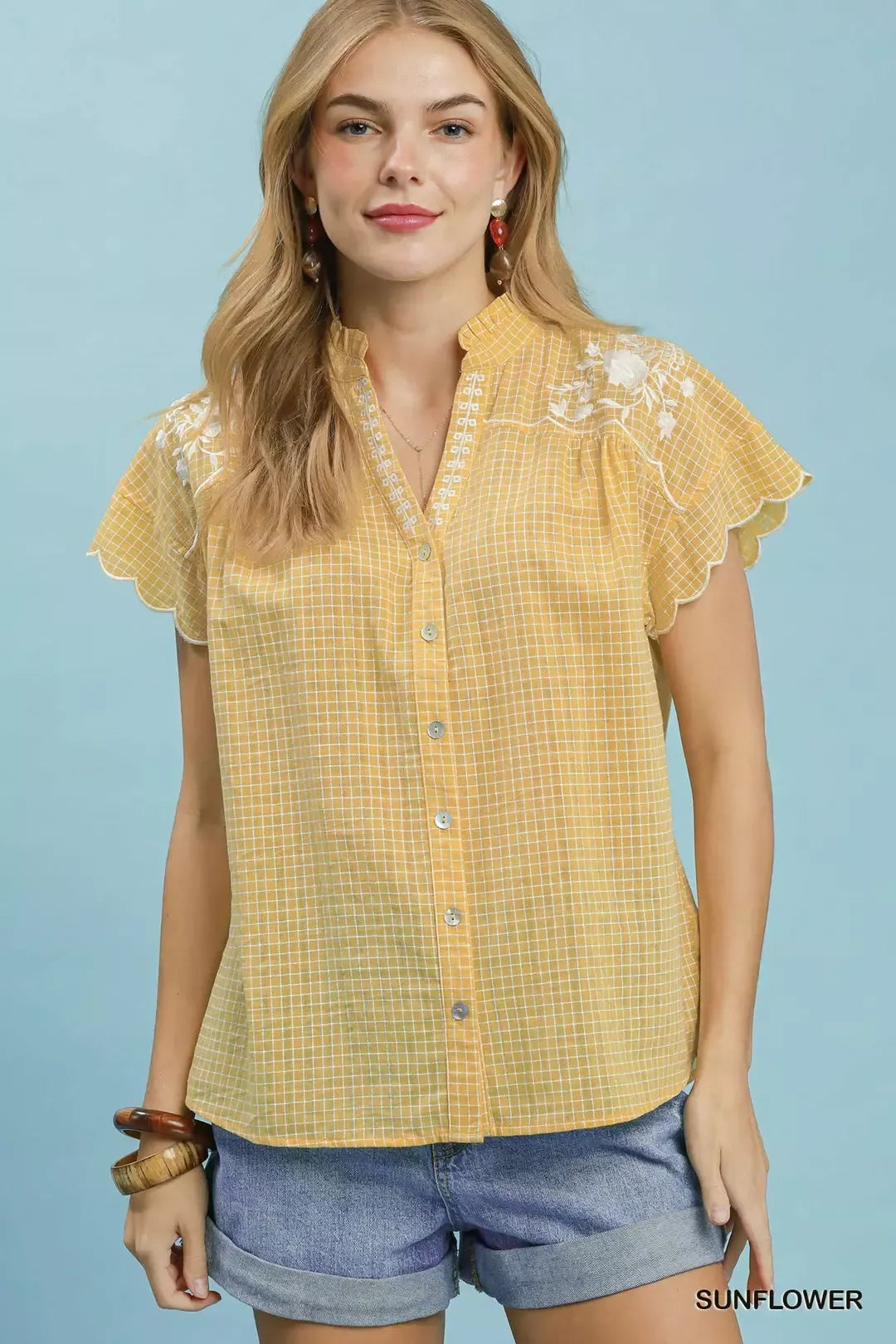 Umgee Embroidered Print Scallop Sleeve Button Front Blouse SUNFLOWER (top) - umgee embroidered top, umg - shop at us.meeeshop