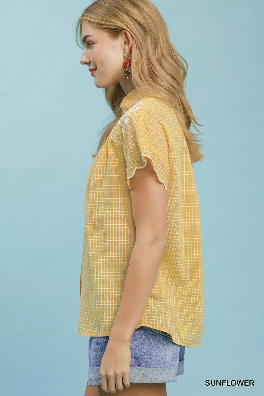 Umgee Embroidered Print Scallop Sleeve Button Front Blouse SUNFLOWER view 2 (top) - umgee embroidered t - shop at us.meeeshop