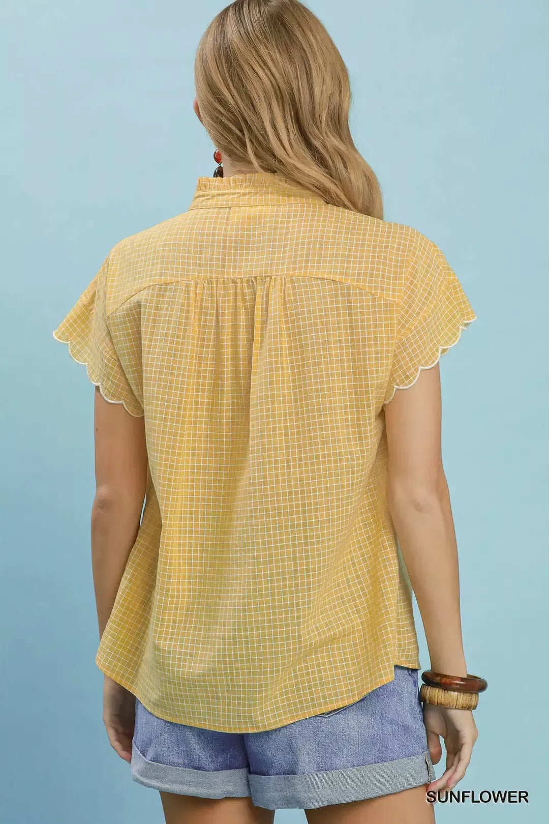umgee embroidered print Umgee Embroidered Print Scallop Sleeve Button Front Blouse view 3 (top) - shop at us.meeeshop