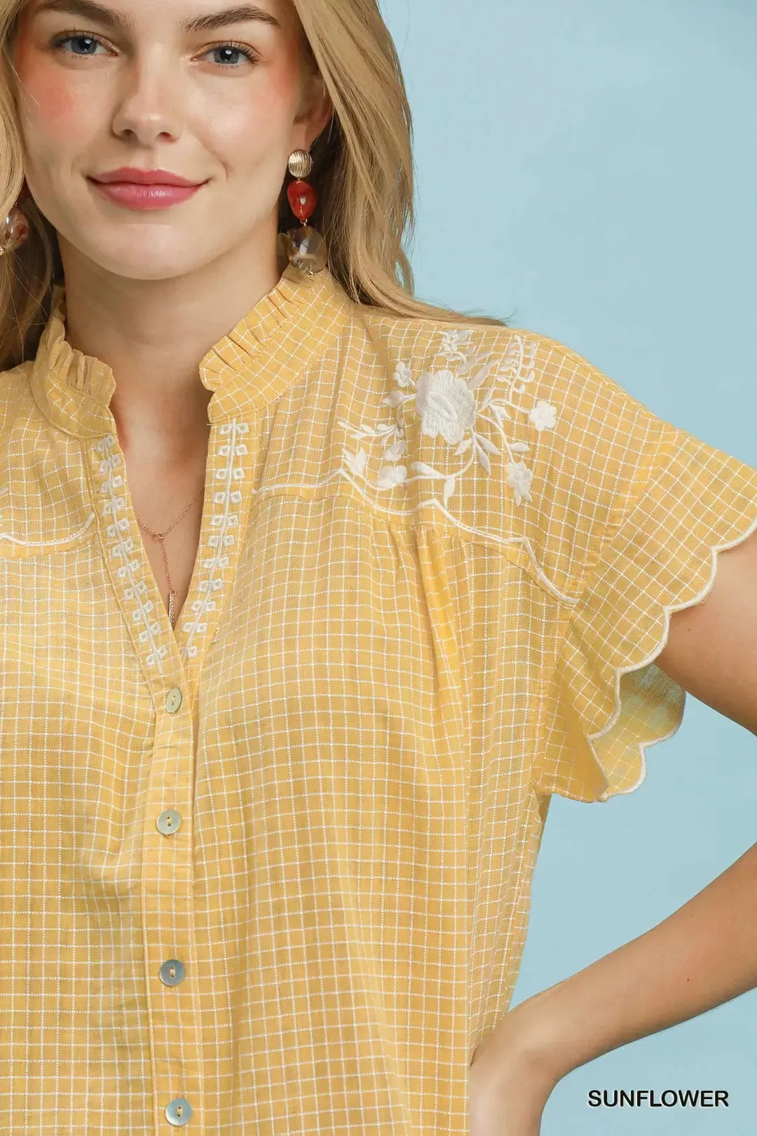 umgee embroidered print Umgee Embroidered Print Scallop Sleeve Button Front Blouse view 4 (top) - shop at us.meeeshop