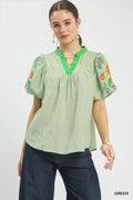 Umgee Embroidered Puff Sleeve Top GREEN (top) - umgee embroidered blouse, umgee embroidered shirt, umge - shop at us.meeeshop