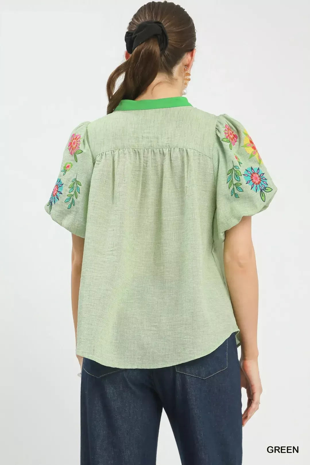 Umgee Embroidered Puff Sleeve Top GREEN view 3 (top) - umgee embroidered blouse, umgee embroidered shir - shop at us.meeeshop