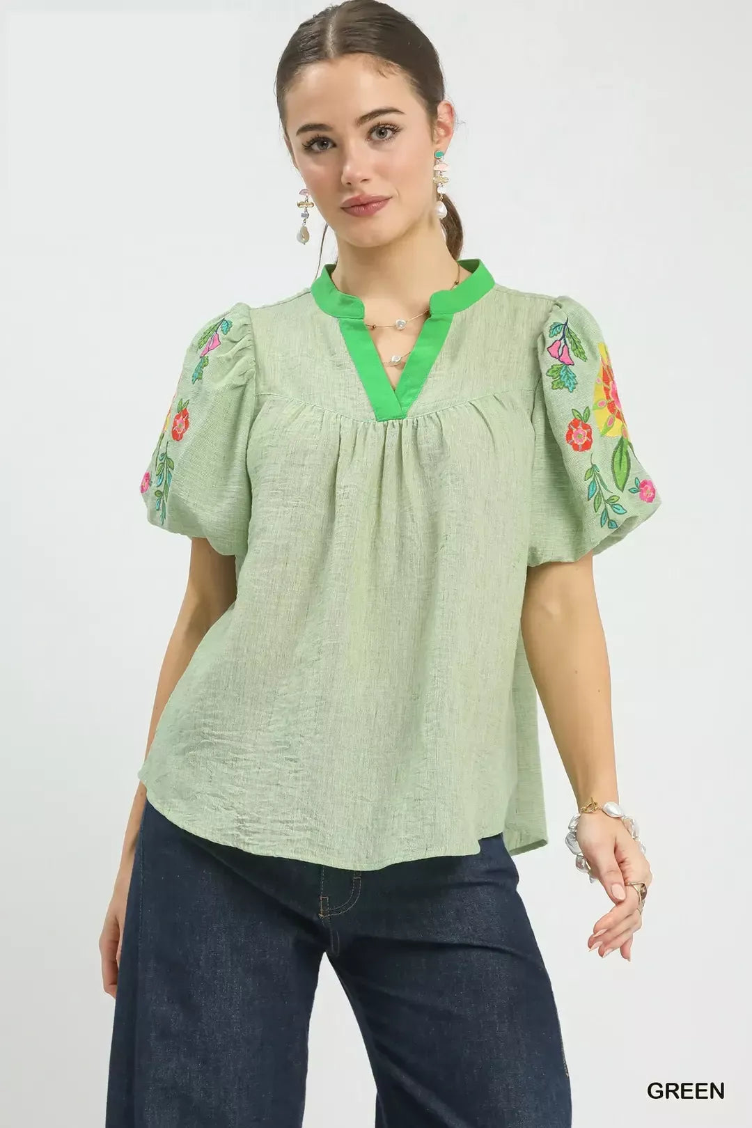 umgee embroidered puff Umgee Embroidered Puff Sleeve Top GREEN (top) - shop at us.meeeshop