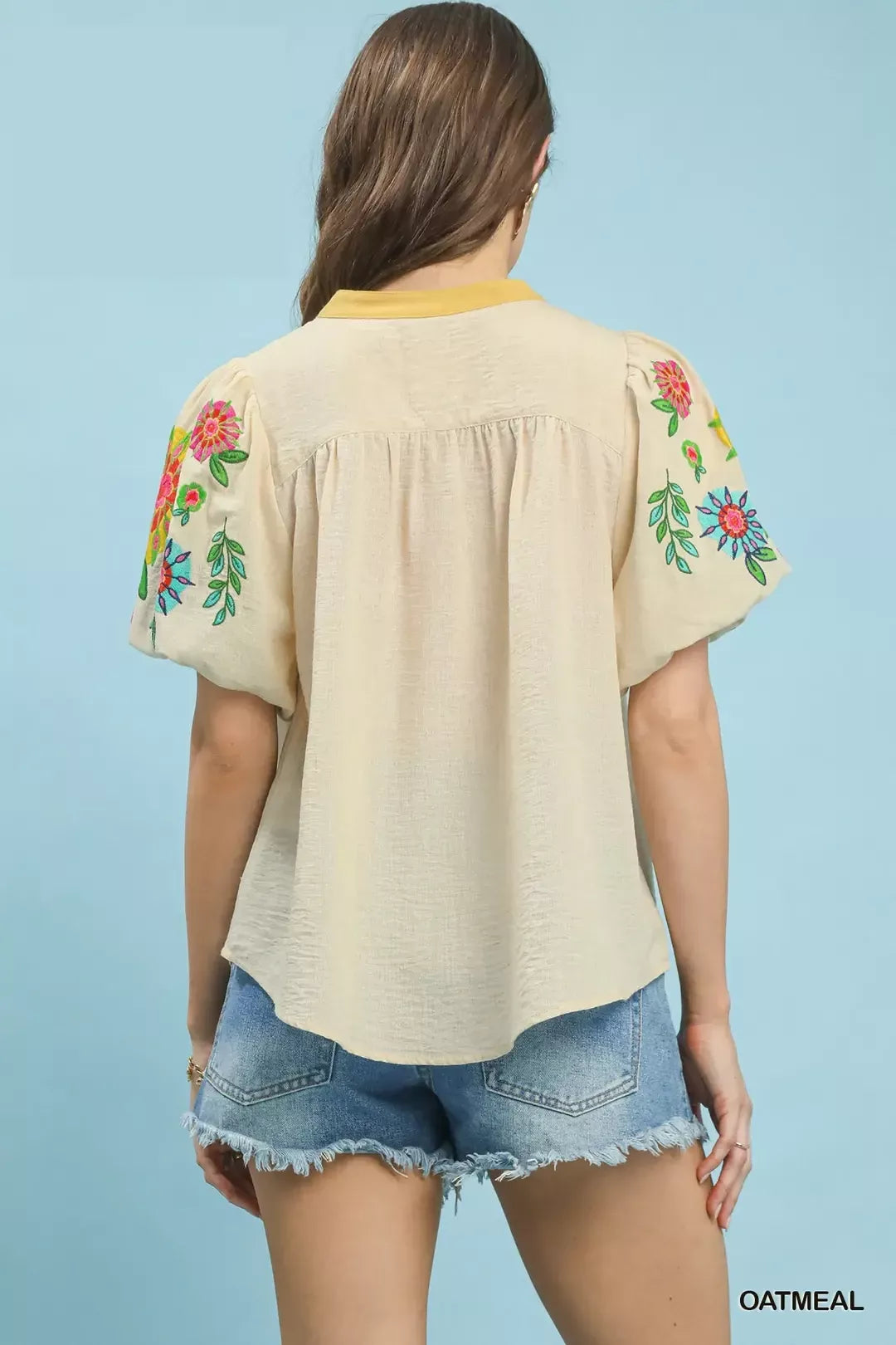 umgee embroidered puff Umgee Embroidered Puff Sleeve Top view 3 (top) - shop at us.meeeshop