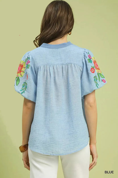 umgee embroidered puff Umgee Embroidered Puff Sleeve Top view 3 (top) - shop at us.meeeshop