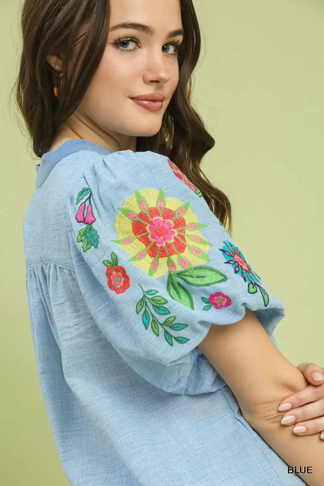 umgee embroidered puff Umgee Embroidered Puff Sleeve Top view 5 (top) - shop at us.meeeshop