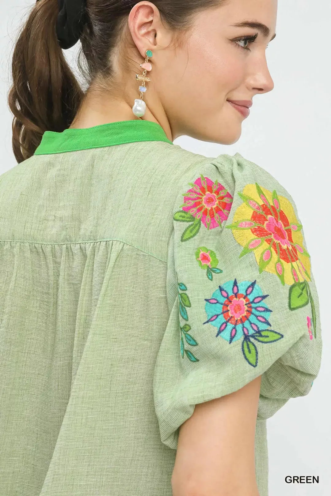 umgee embroidered puff Umgee Embroidered Puff Sleeve Top view 5 (top) - shop at us.meeeshop