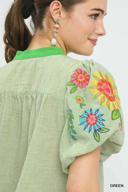 umgee embroidered puff Umgee Embroidered Puff Sleeve Top view 5 (top) - shop at us.meeeshop