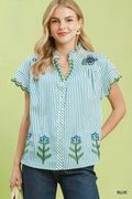 Umgee Embroidered Stripe Button Front Top BLUE (top) - umgee embroidered blouse, umgee embroidered shir - shop at us.meeeshop