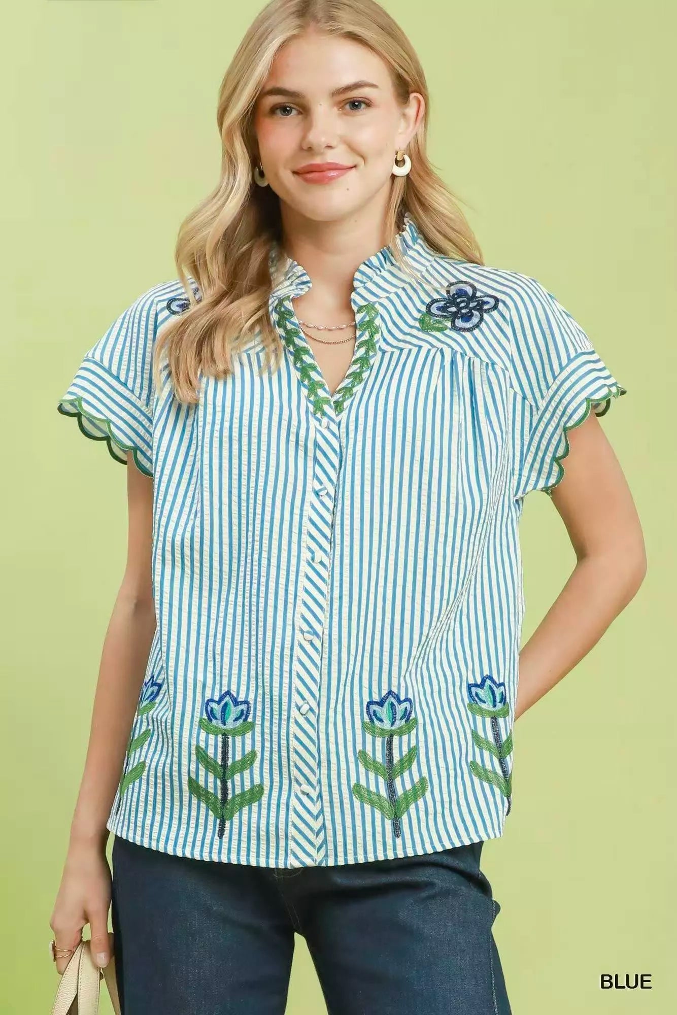 umgee embroidered stripe Umgee Embroidered Stripe Button Front Top BLUE (top) - shop at us.meeeshop