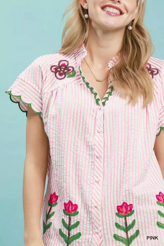 umgee embroidered stripe Umgee Embroidered Stripe Button Front Top PINK (top) - shop at us.meeeshop