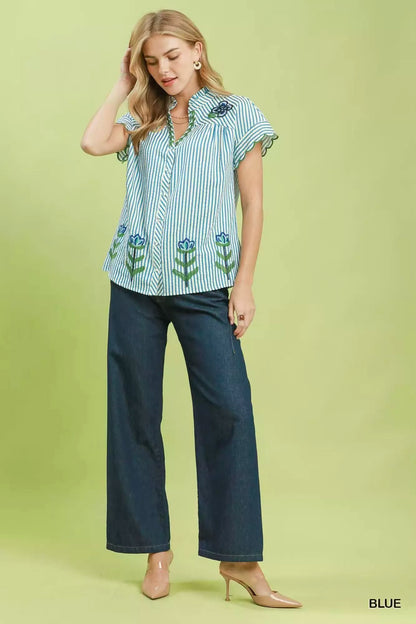 umgee embroidered stripe Umgee Embroidered Stripe Button Front Top view 4 (top) - shop at us.meeeshop