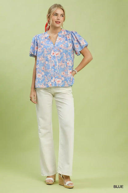 umgee floral button Umgee Floral Button-front Short Sleeve Shirt view 4 (top) - shop at us.meeeshop