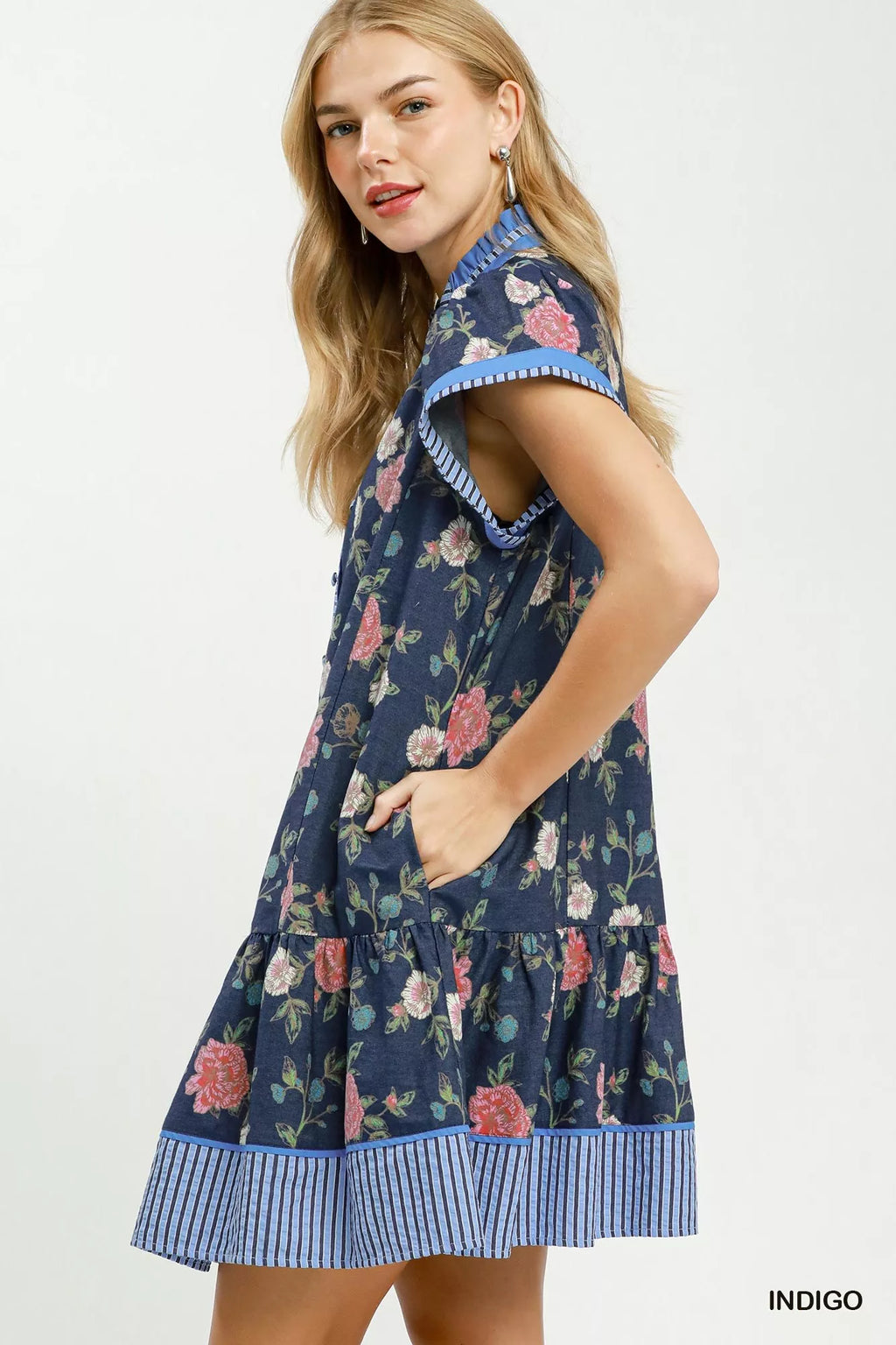 Umgee Floral Contrast Trim Ruffle Hem Mini Dress INDIGO view 2 (dress) - umgee green floral dress, umge - shop at us.meeeshop