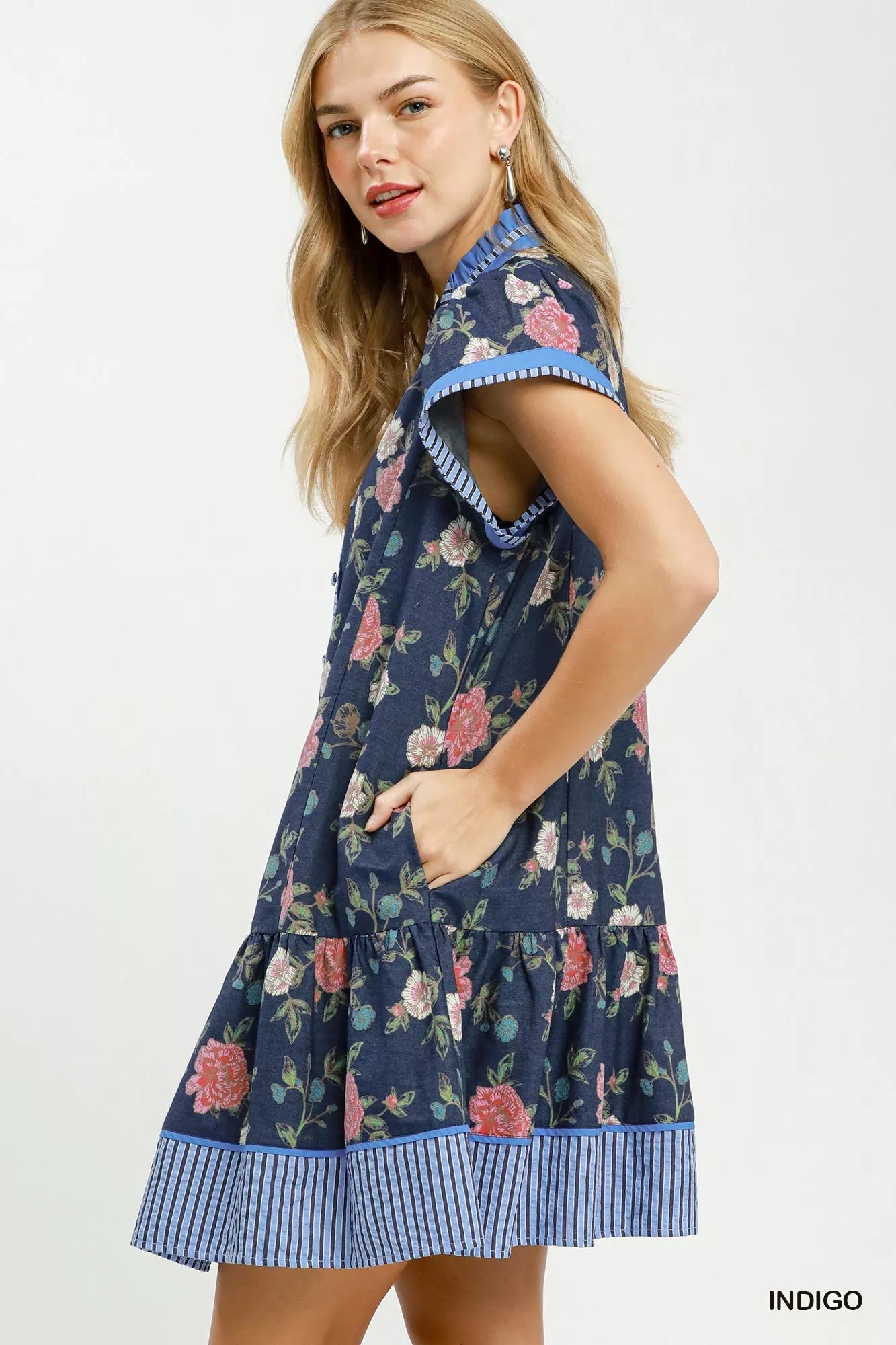 Umgee Floral Contrast Trim Ruffle Hem Mini Dress INDIGO view 2 (dress) - umgee green floral dress, umge - shop at us.meeeshop