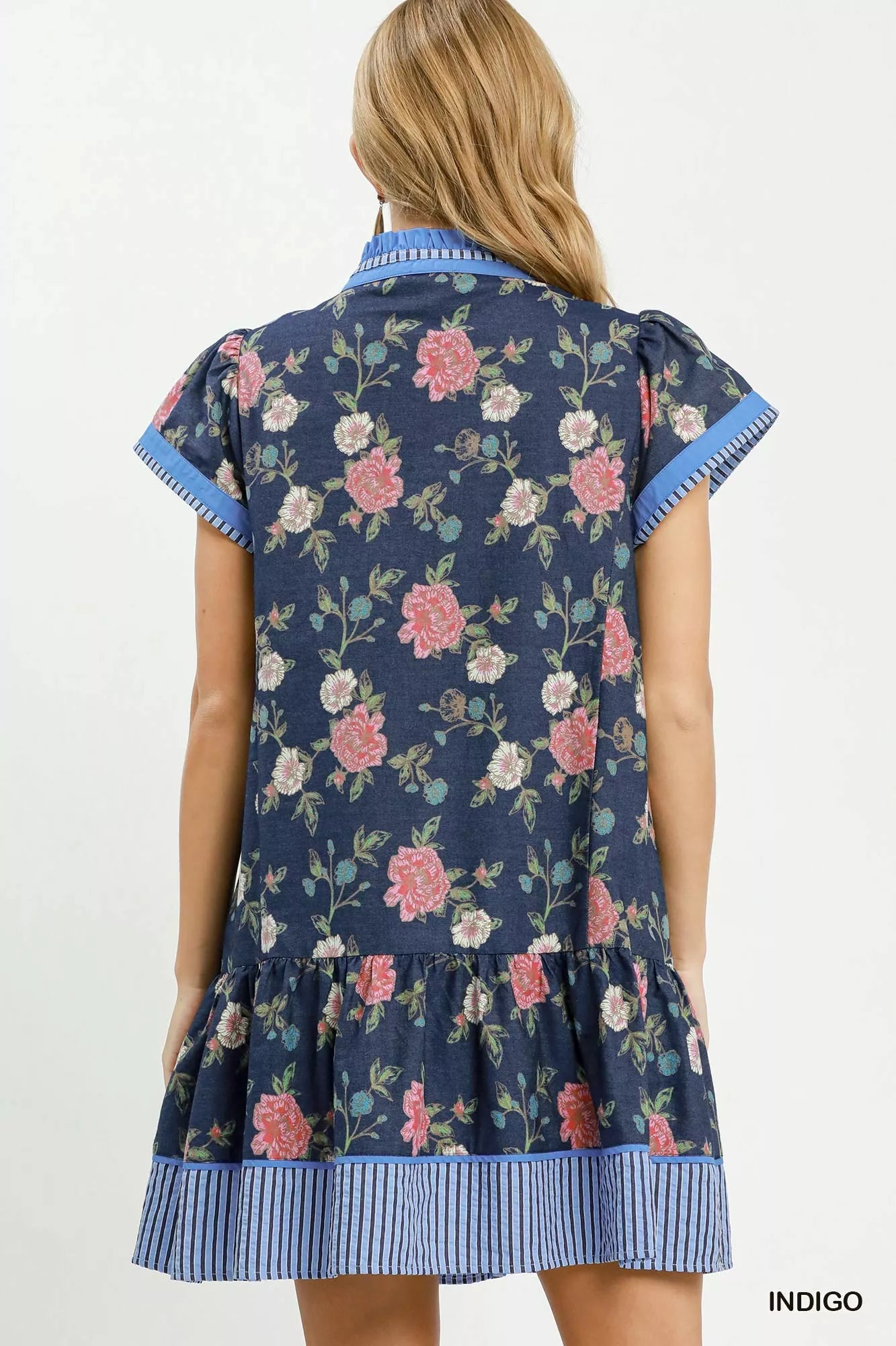 Umgee Floral Contrast Trim Ruffle Hem Mini Dress INDIGO view 3 (dress) - umgee green floral dress, umge - shop at us.meeeshop