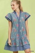 Umgee Floral Contrast Trim Ruffle Hem Mini Dress LT. DENIM (dress) - umgee green floral dress, umgee bl - shop at us.meeeshop