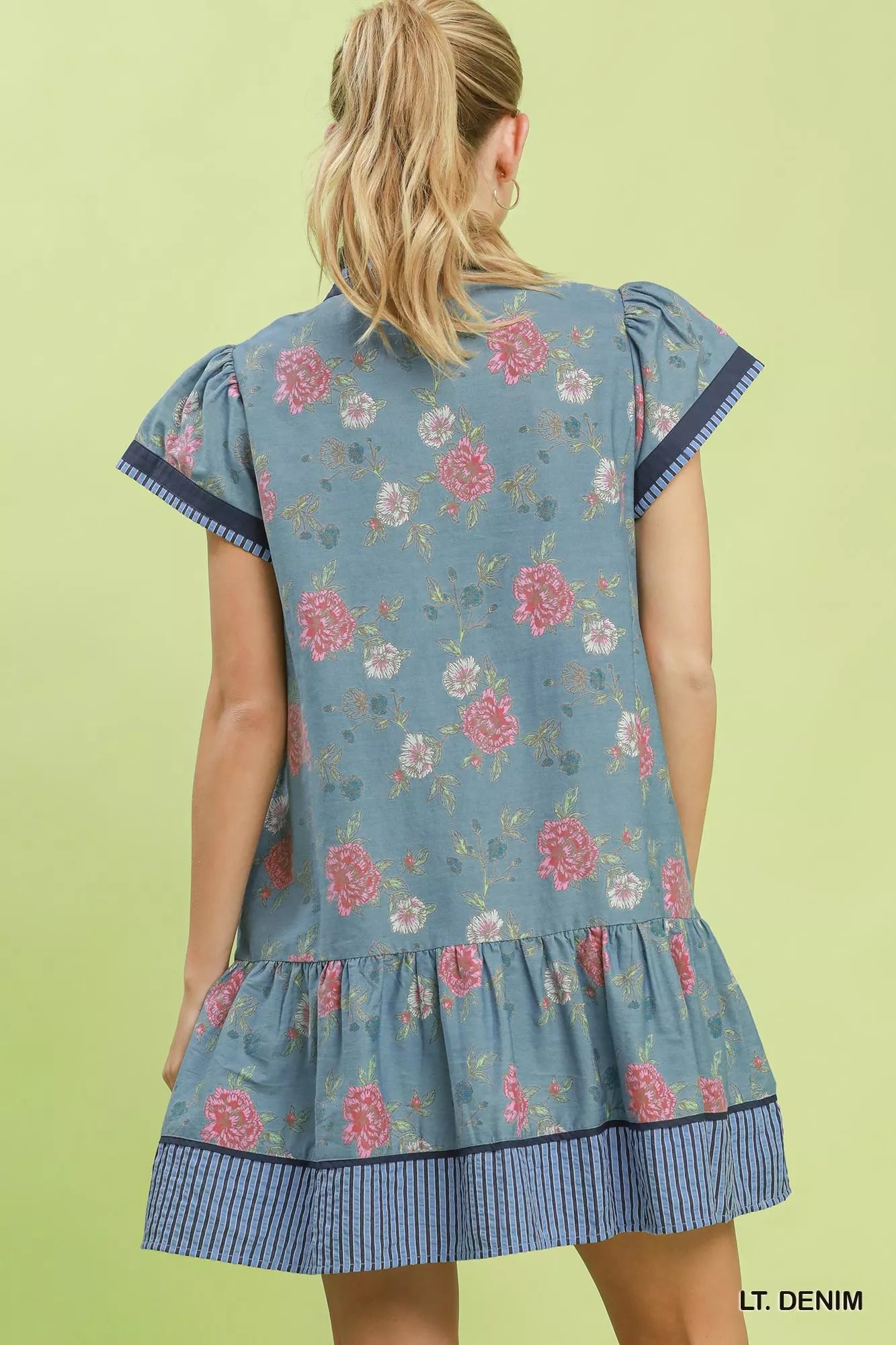 Umgee Floral Contrast Trim Ruffle Hem Mini Dress LT. DENIM view 3 (dress) - umgee green floral dress, u - shop at us.meeeshop