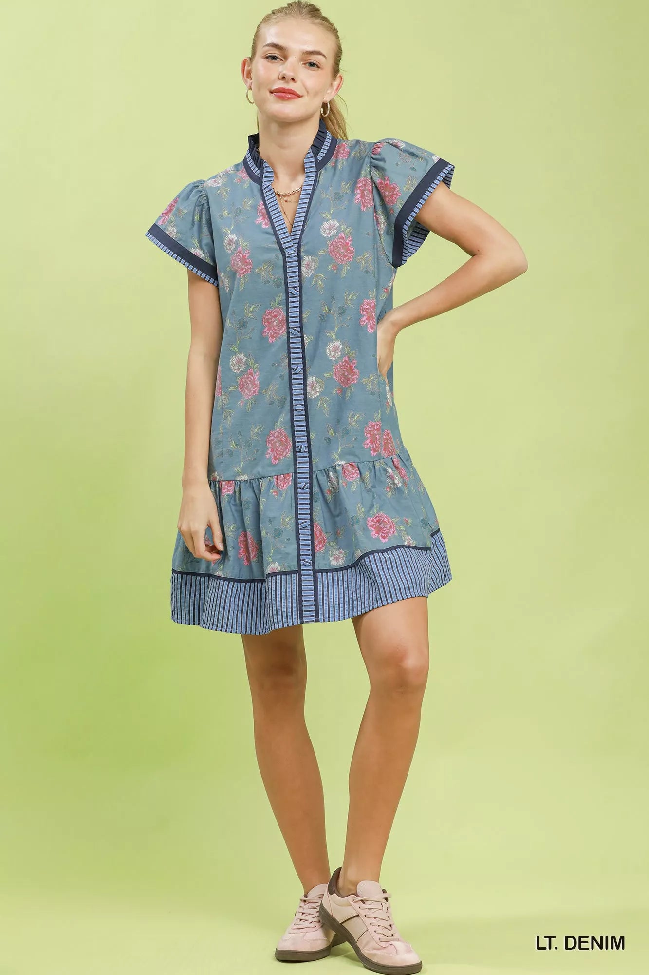 Umgee Floral Contrast Trim Ruffle Hem Mini Dress view 4 (dress) - umgee green floral dress, umgee blue  - shop at us.meeeshop