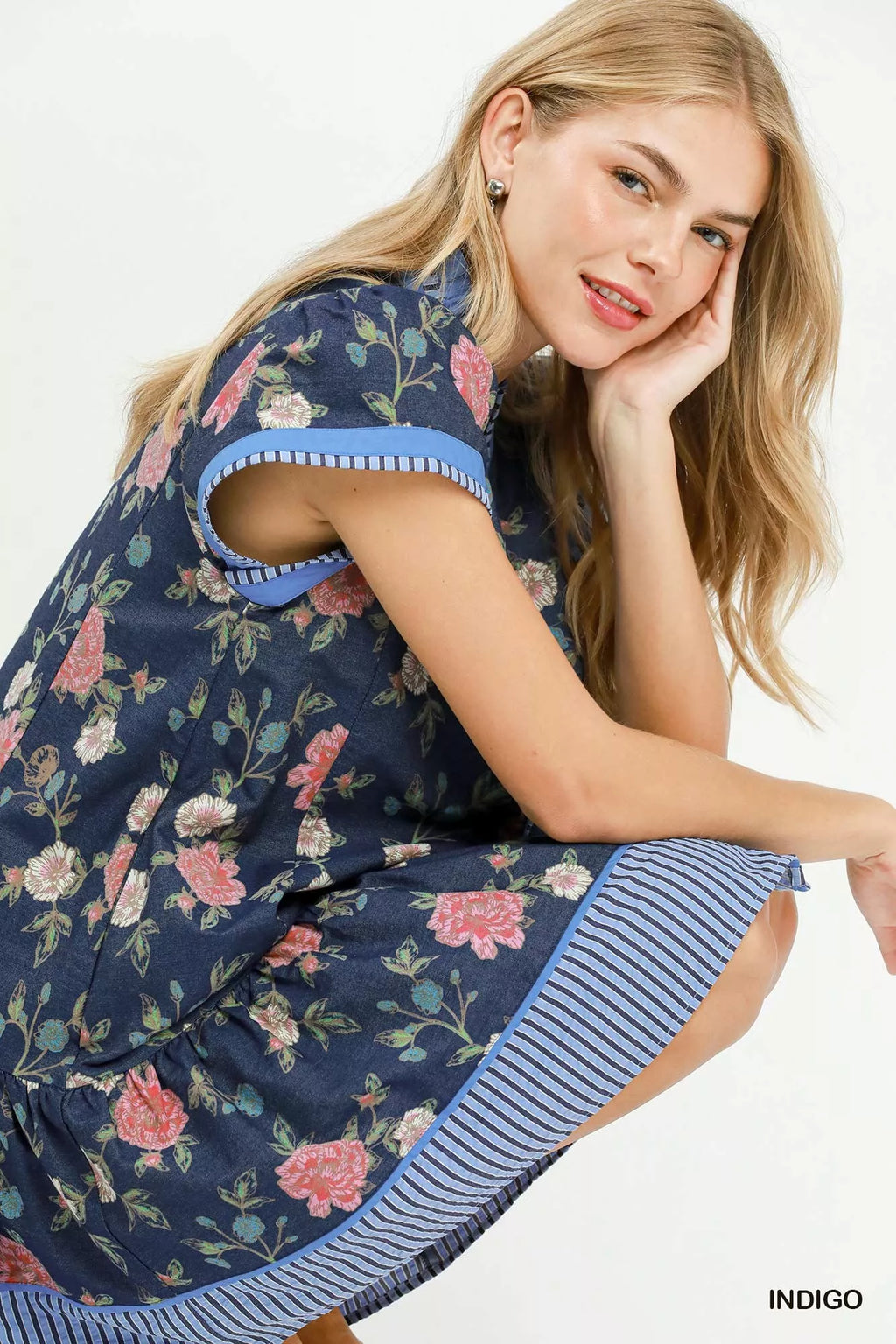 Umgee Floral Contrast Trim Ruffle Hem Mini Dress view 4 (dress) - umgee green floral dress, umgee blue  - shop at us.meeeshop
